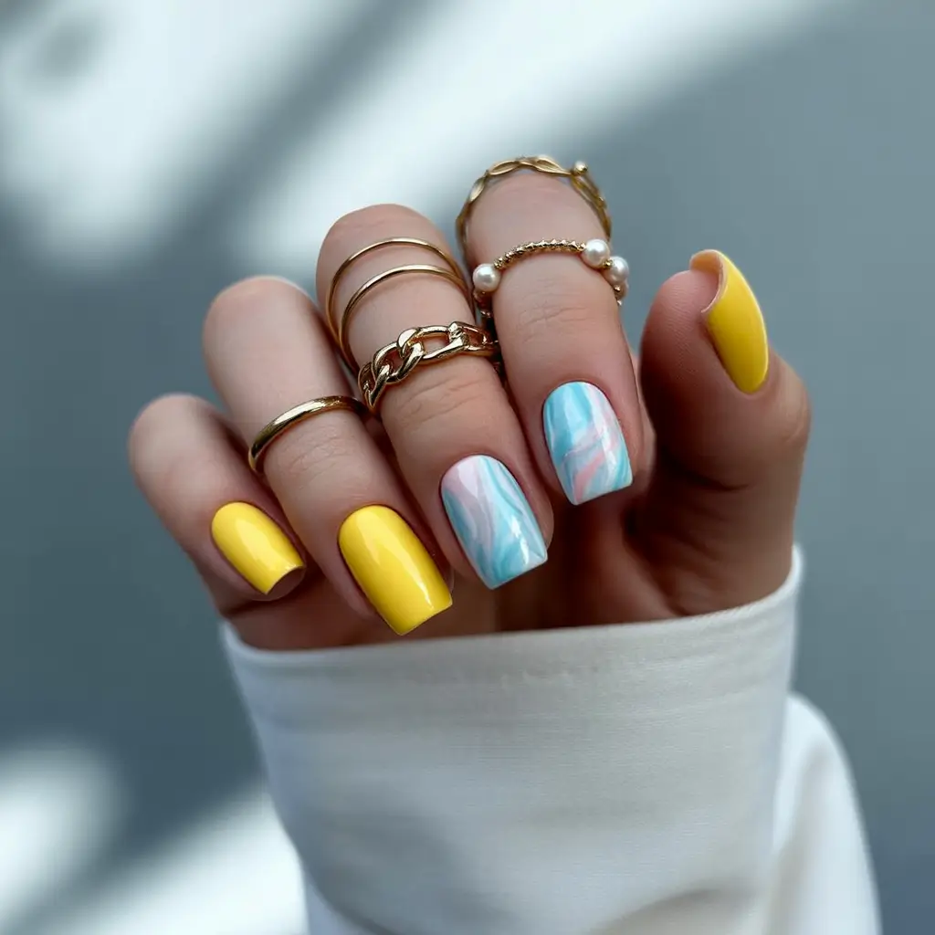 Simple Fall Nails 2025 Yellow Pop & Cotton Candy Clouds