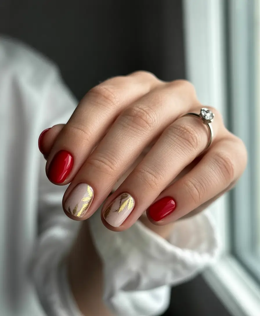 Simple Fall Nails 2025 Red & Gold Leaf Accents