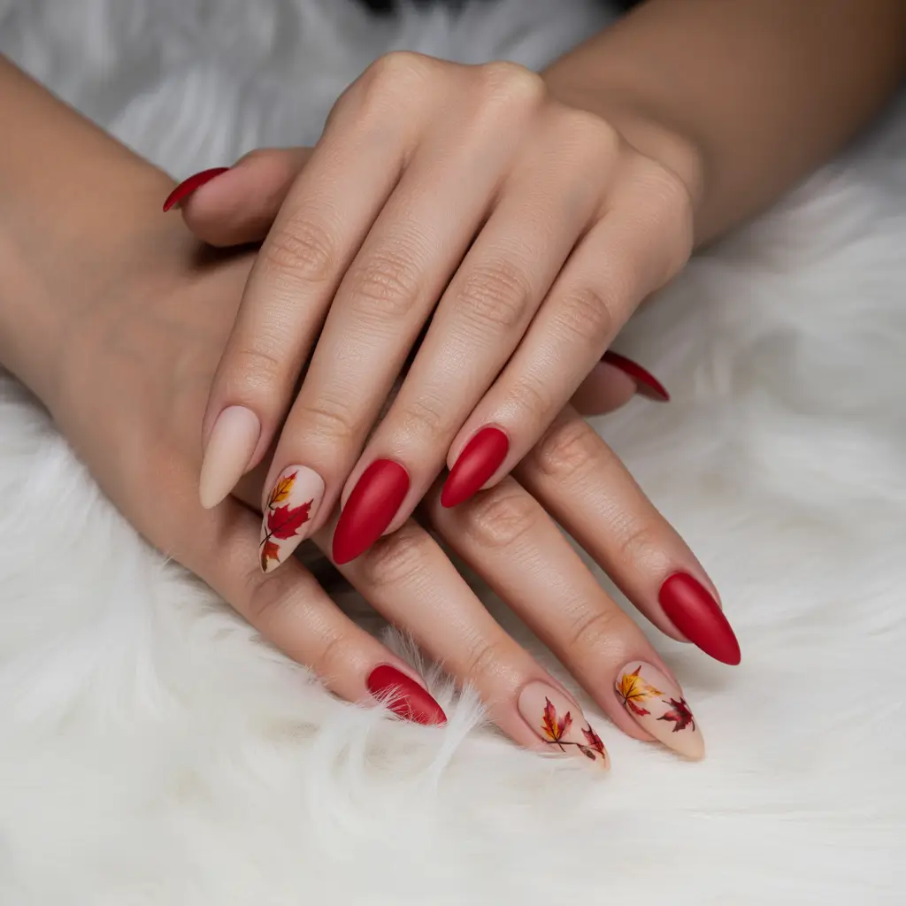 fall-gel-nails-falling-leaves-velvet-reds