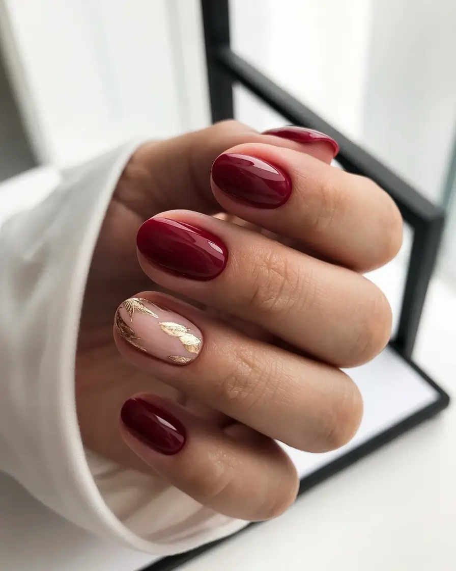 fall-gel-nails-Wine & Foil Elegance