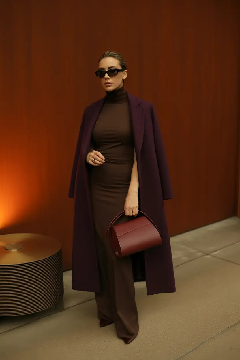 Street style cold weather Deep Wine & Cocoa Luxe Layers