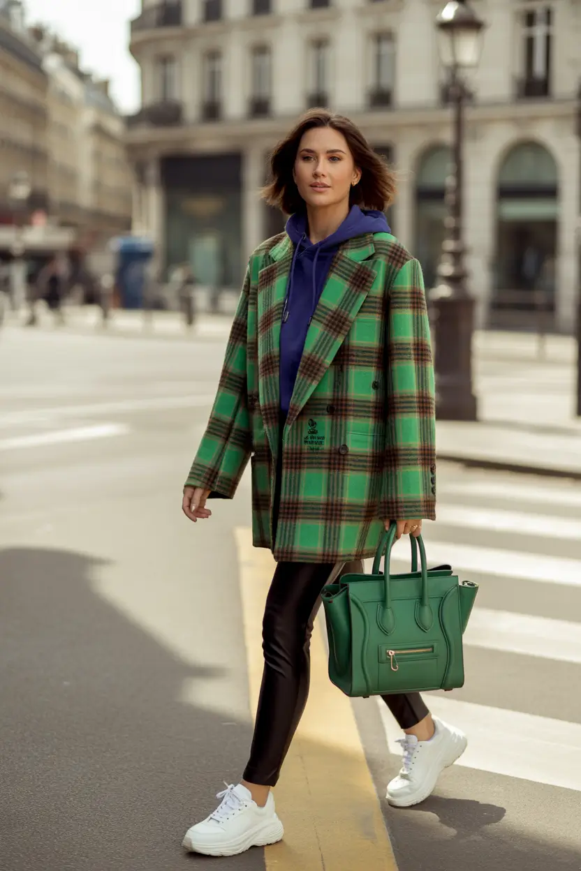 Street style women City Cool in Plaid and Leather