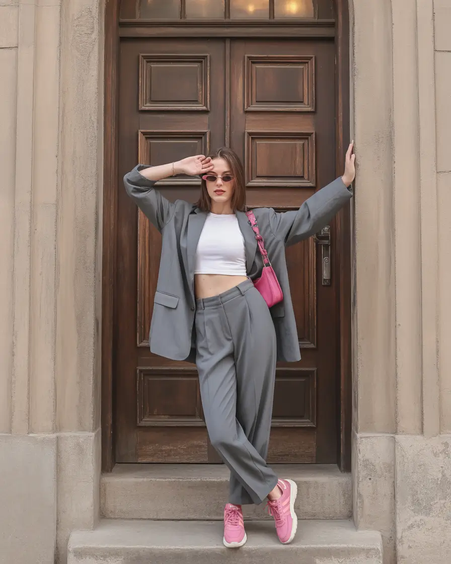 Street style 2025 Tailored Meets Street: The Pink Sneaker Set
