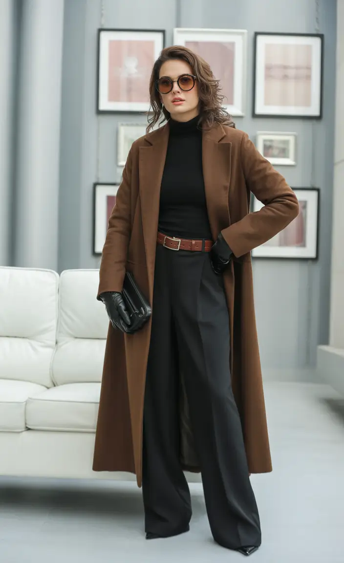 Street style cold weather Tailored Chocolate & All-Black Elegance