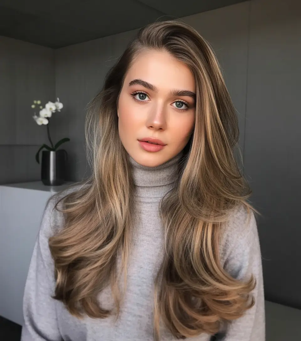 Fall brown hair color Honey Beige Melt on Long Layers