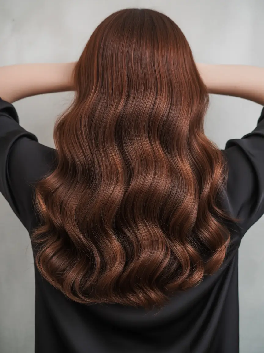 Fall brown hair color Glossy Brunette Waves with Mirror Shine