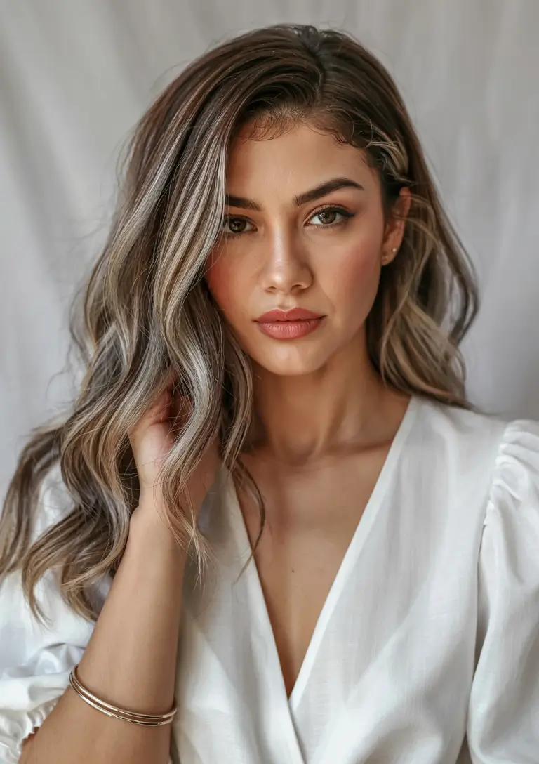 Fall brown hair color Cool Brunette Melt with Platinum Ribbons