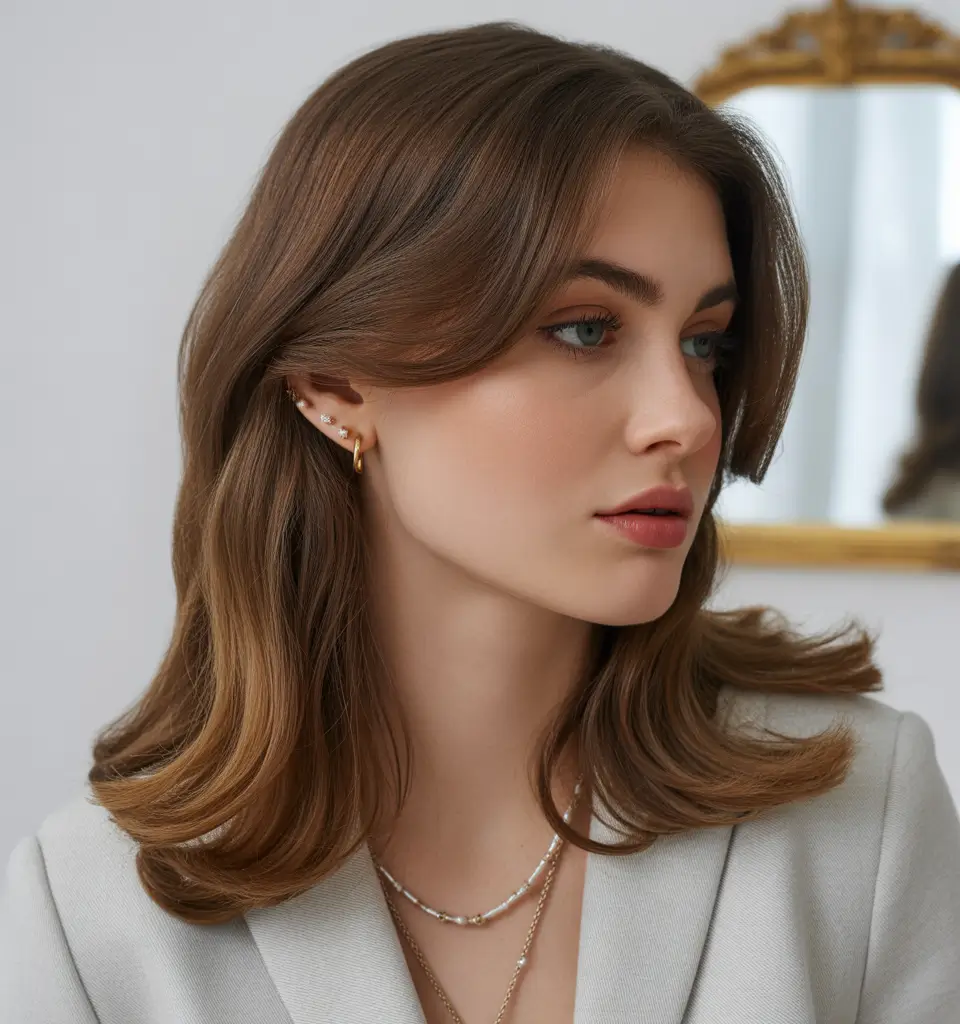 Fall brown hair color Chic Cocoa Bob with Subtle Flicks