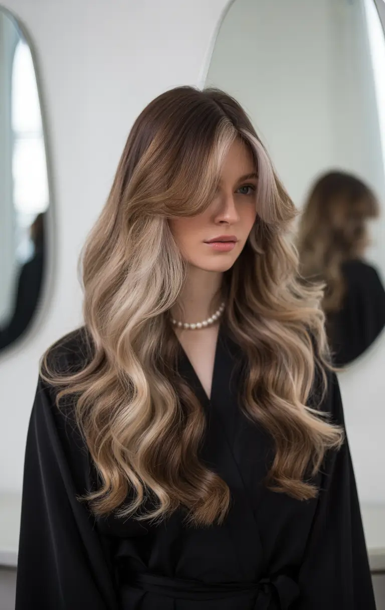 Fall brown hair color Champagne Beige Balayage with Curtain Flow