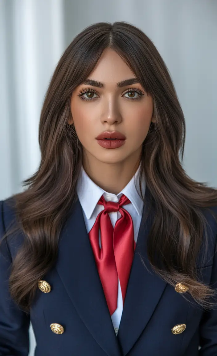 Fall brown hair color Dimensional Brunette with Curtain Bangs