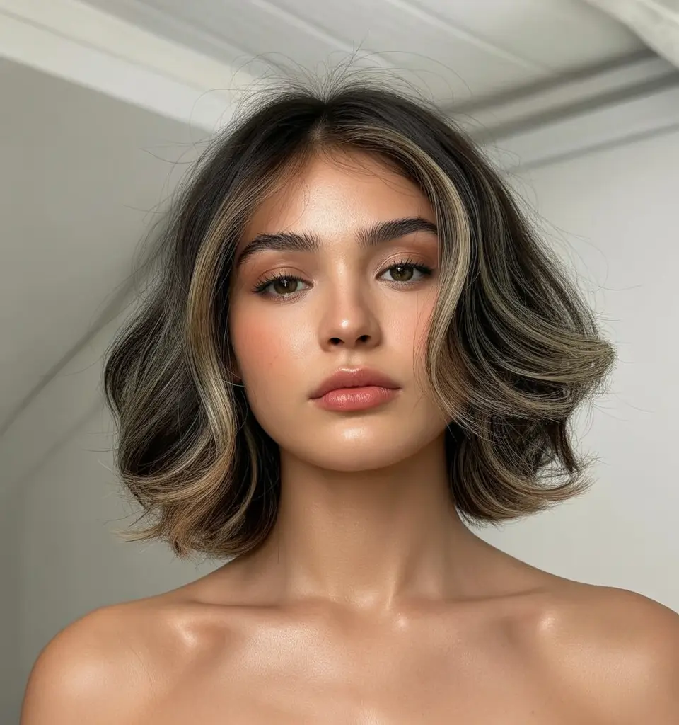 Fall brown hair color Chic Short Cut with Bold Highlights