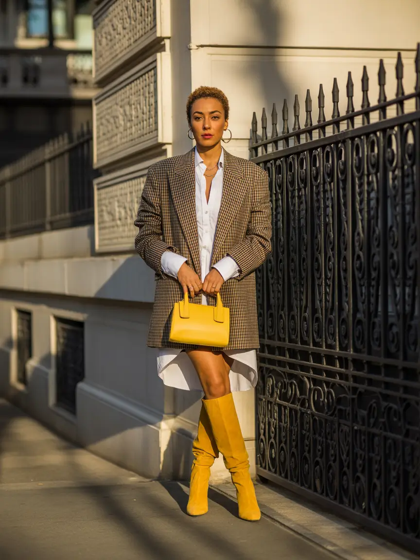 warm fall outfits ideas 2025+Bold Blazer & Sunshine Boots