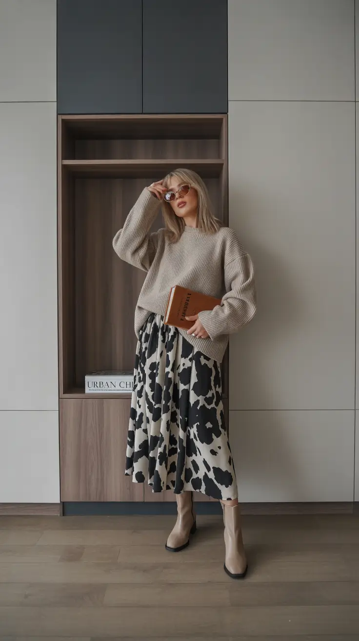 Warm fall outfits Soft Knit Meets Abstract Skirt Energy