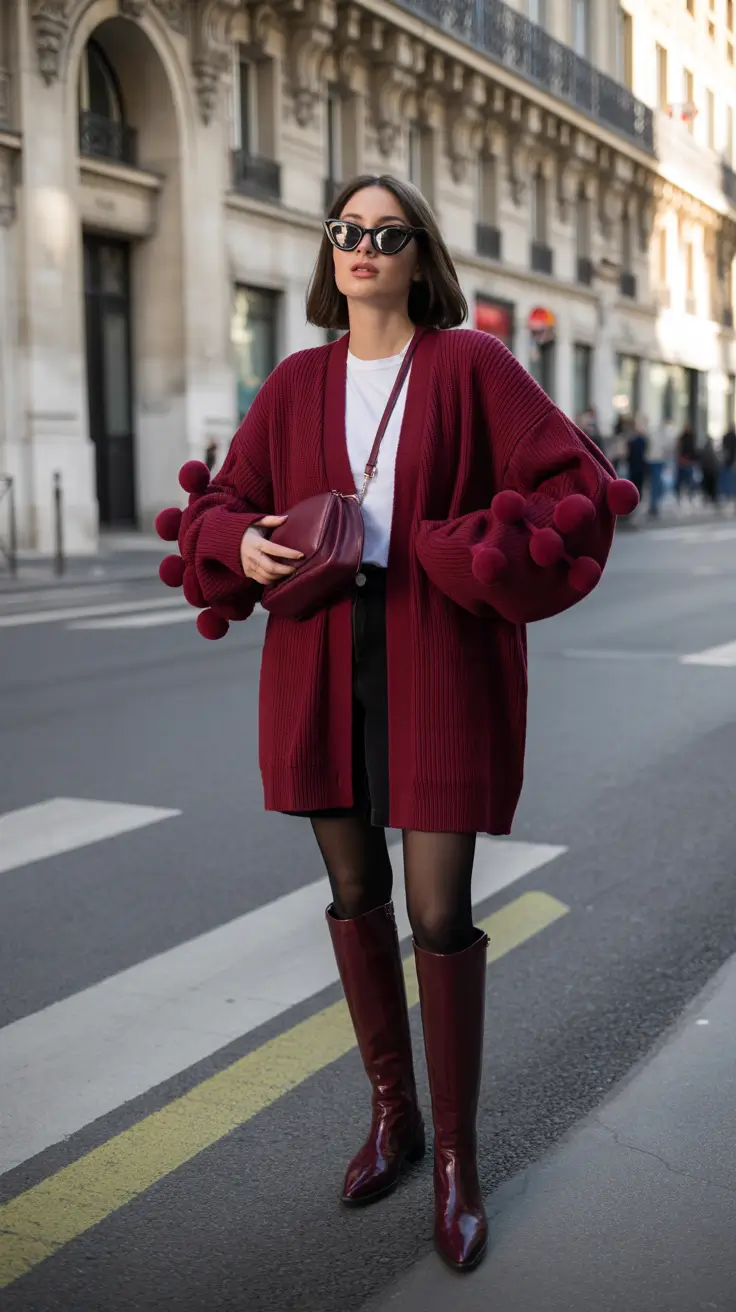 Warm fall outfits Burgundy Drama with a Pop of Play