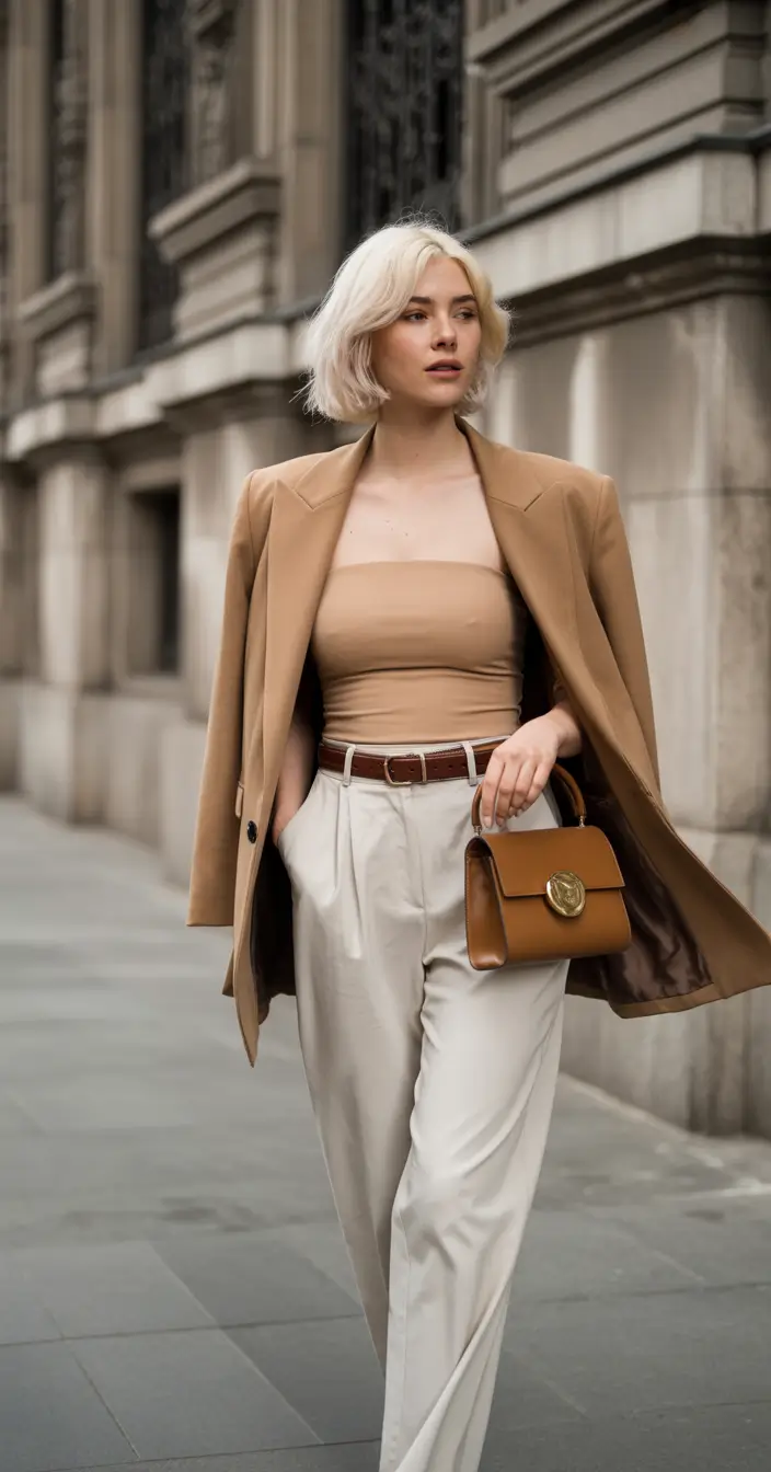 Warm fall outfits Tailored Neutrals with Sunset Sophistication