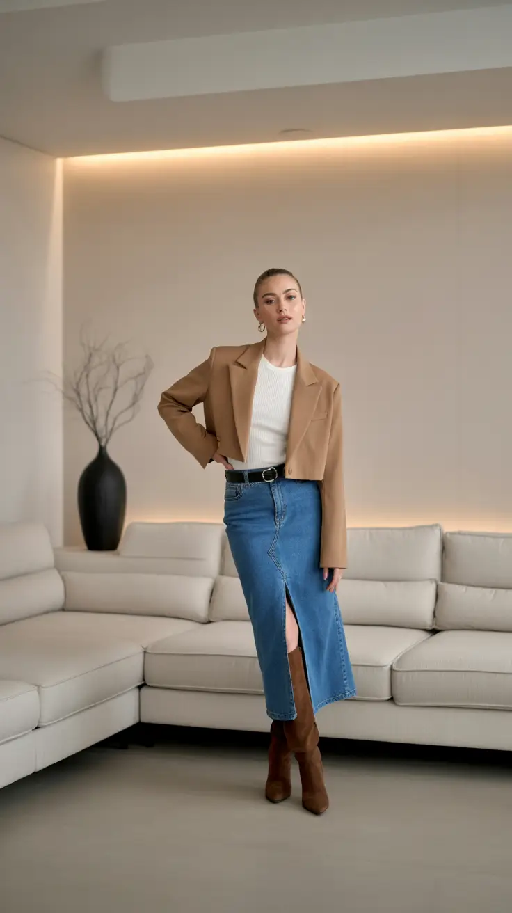 Warm fall outfits Denim Slit Skirt and Cropped Structure