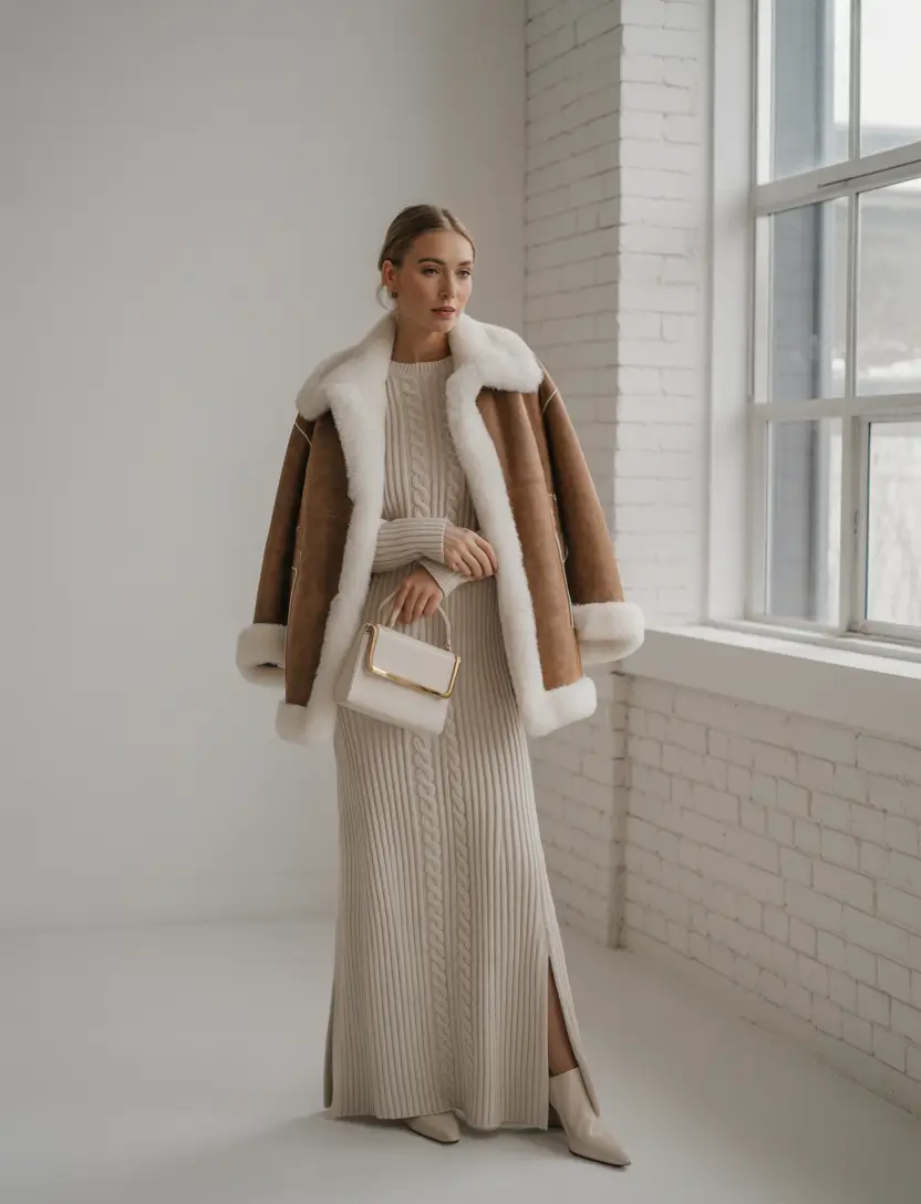 Warm fall outfits Shearling and Cable Knit Elegance