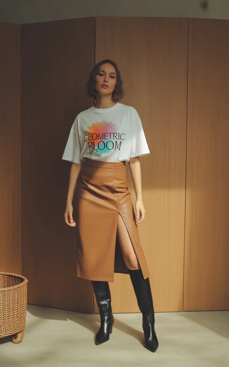 warm fall outfits ideas 2025+Graphic Tee & Slit Drama
