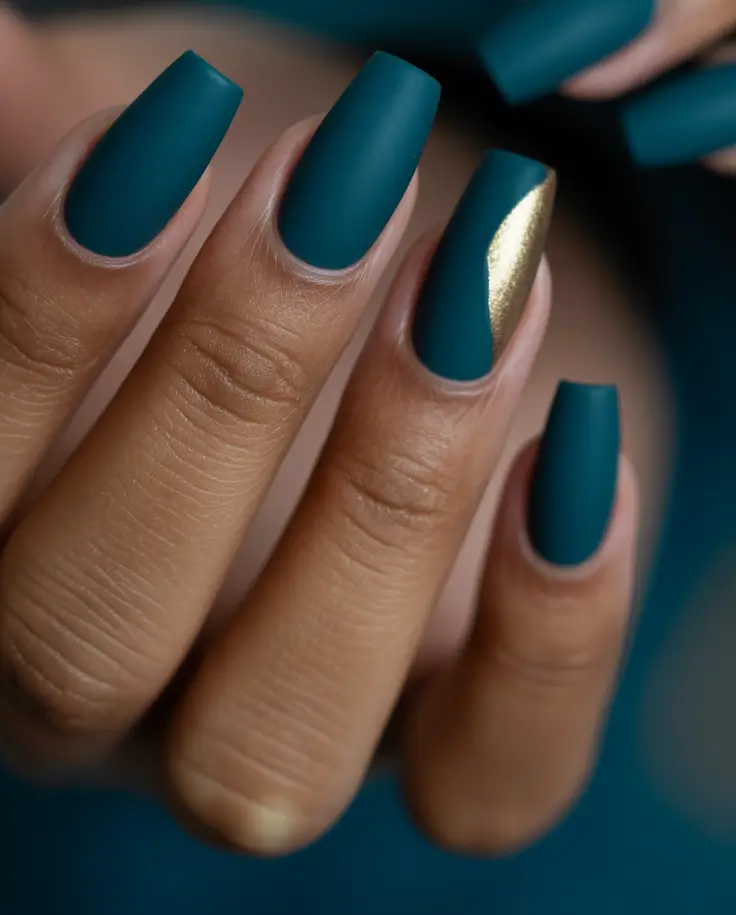 2025 Dark Fall Nails Teal Matte with Golden Edge