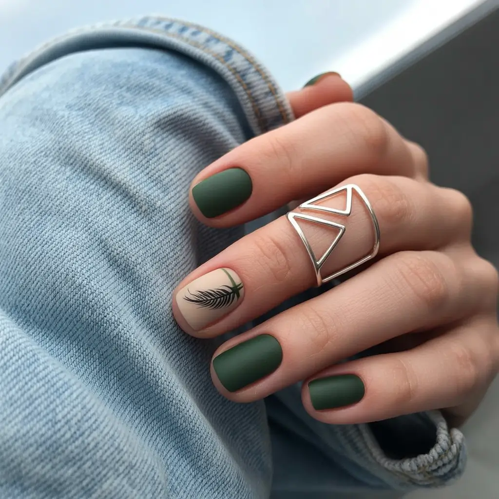 2025 Dark Fall Nails Matte Forest Green with Minimalist Accent