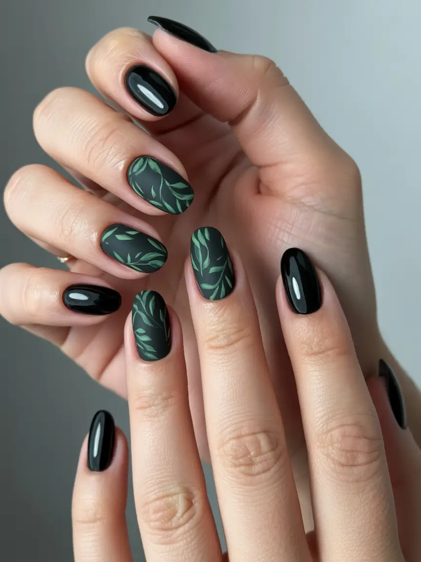 2025 Dark Fall Nails Botanical Black and Green