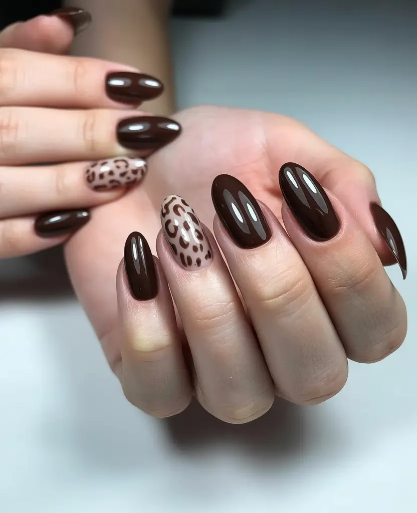 2025 Dark Fall Nails Leopard Print Accents