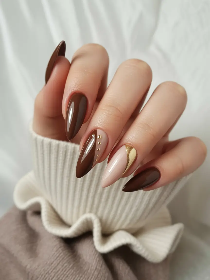 2025 Dark Fall Nails Chocolate Elegance with Golden Accents