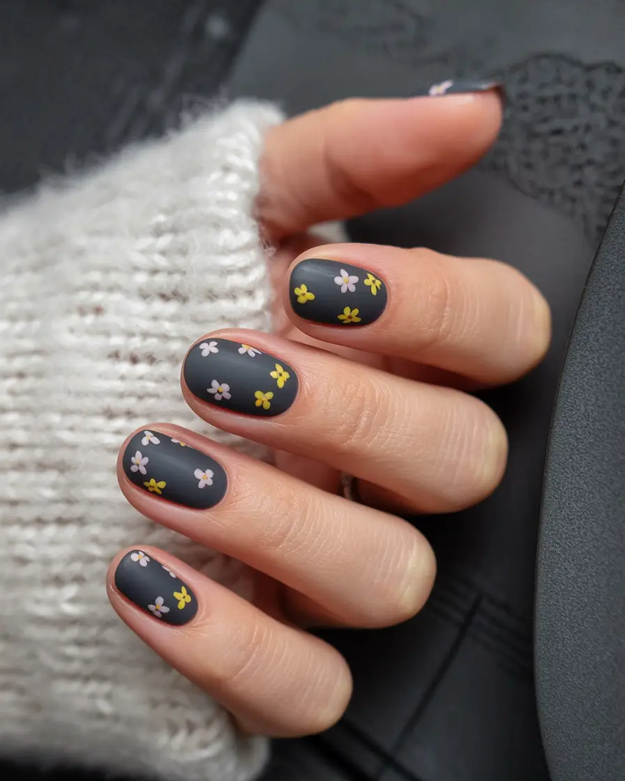 2025 Dark Fall Nails Matte Charcoal with Playful Florals