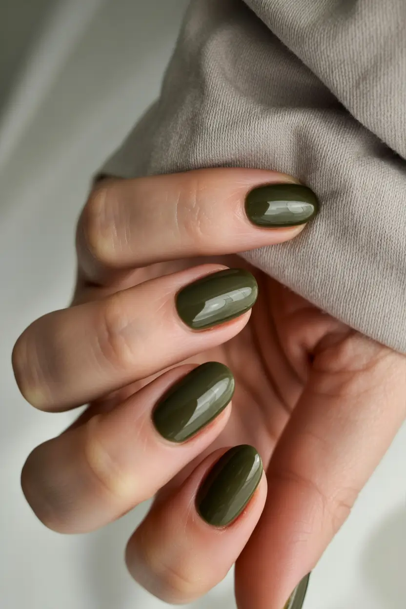 2025 Dark Fall Nails Olive Green Minimalism