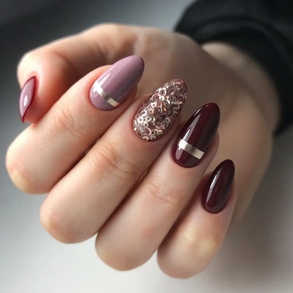 2025 Dark Fall Nails Wine Tones with Sequined Drama