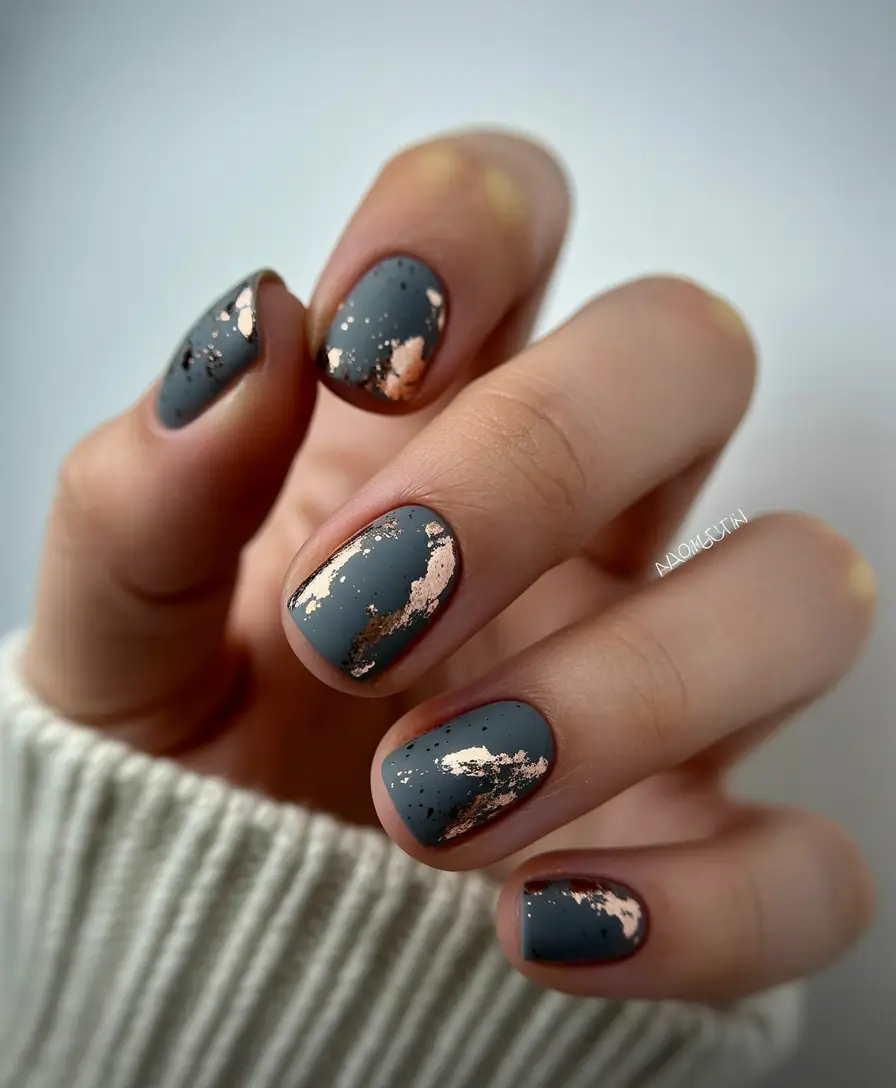2025 Dark Fall Nails Smoky Gray with Metallic Leaf