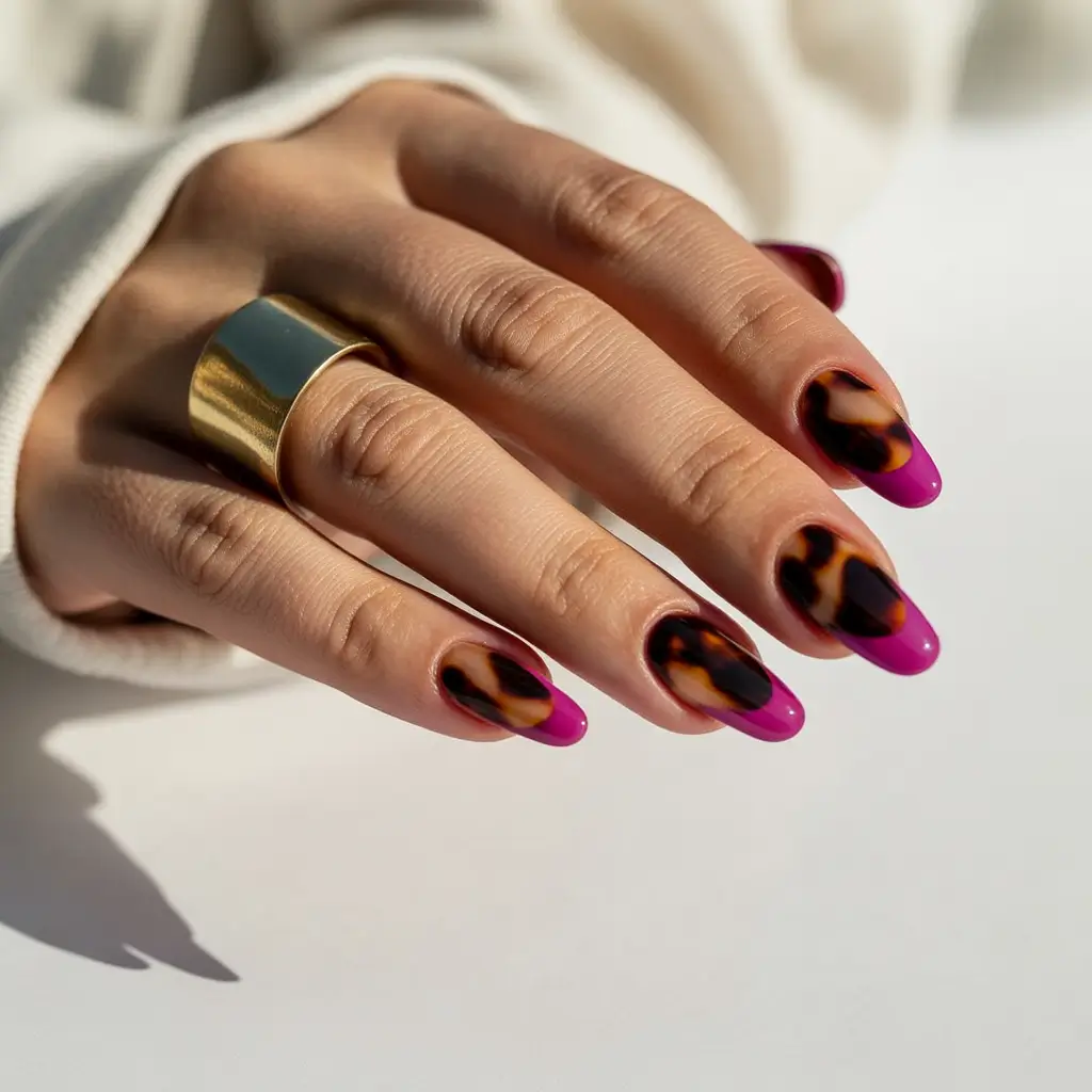 2025 Dark Fall Nails Tortoiseshell with Fuchsia Edge