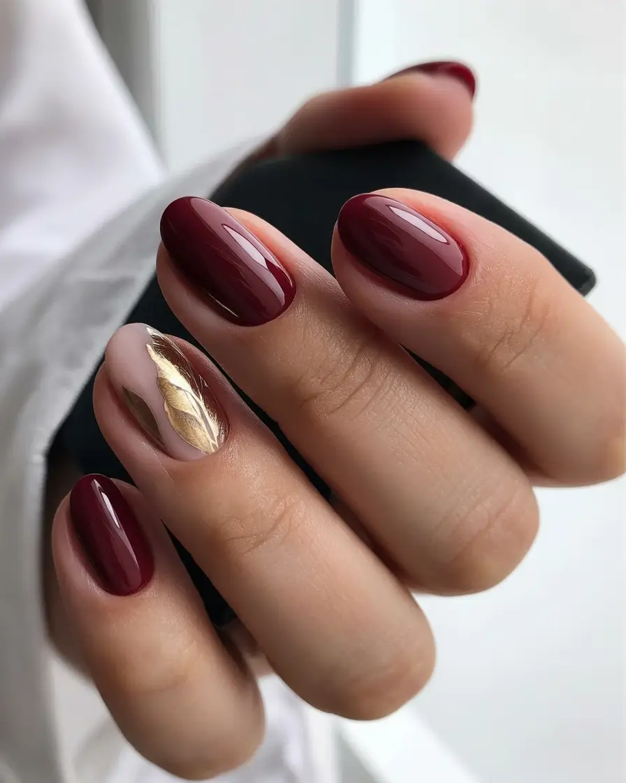 2025 Dark Fall Nails Burgundy with Golden Leaf