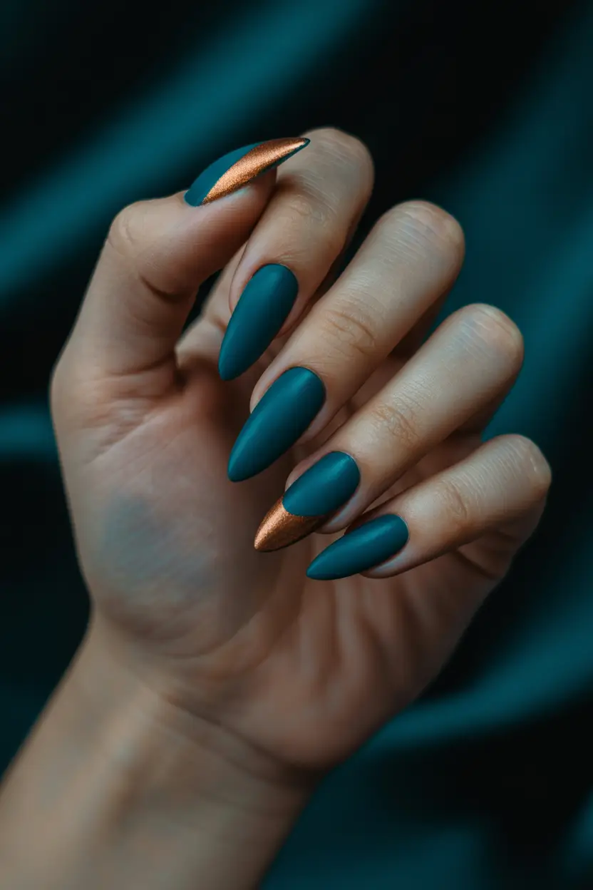 2025 Dark Fall Nails Matte Teal with Copper Tips