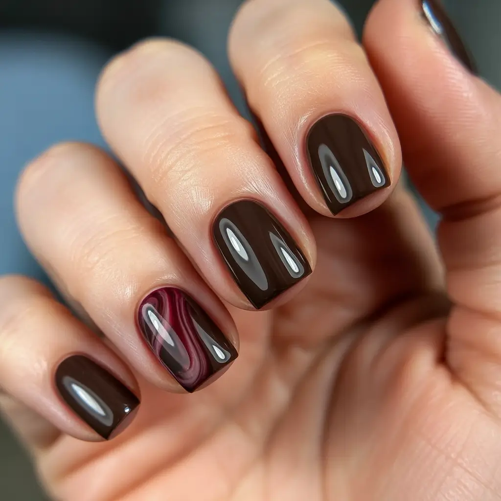 2025 Dark Fall Nails Chocolate Gloss with Wine Marble