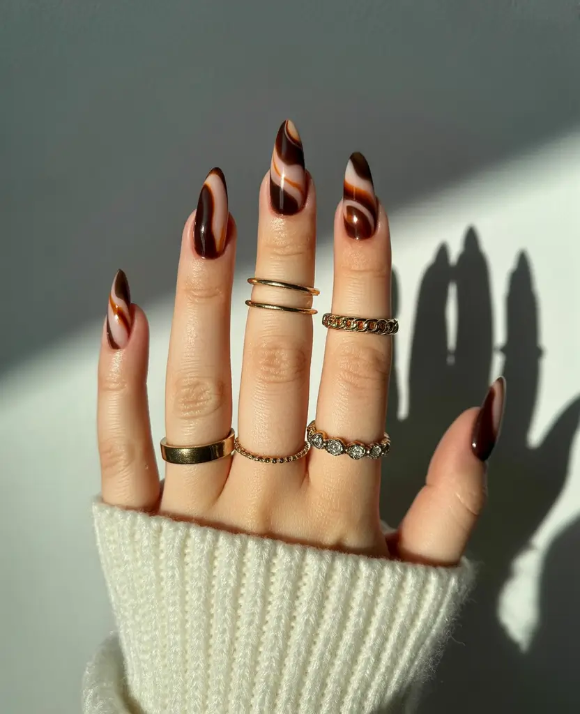 2025 Dark Fall Nails Warm Brown Swirls