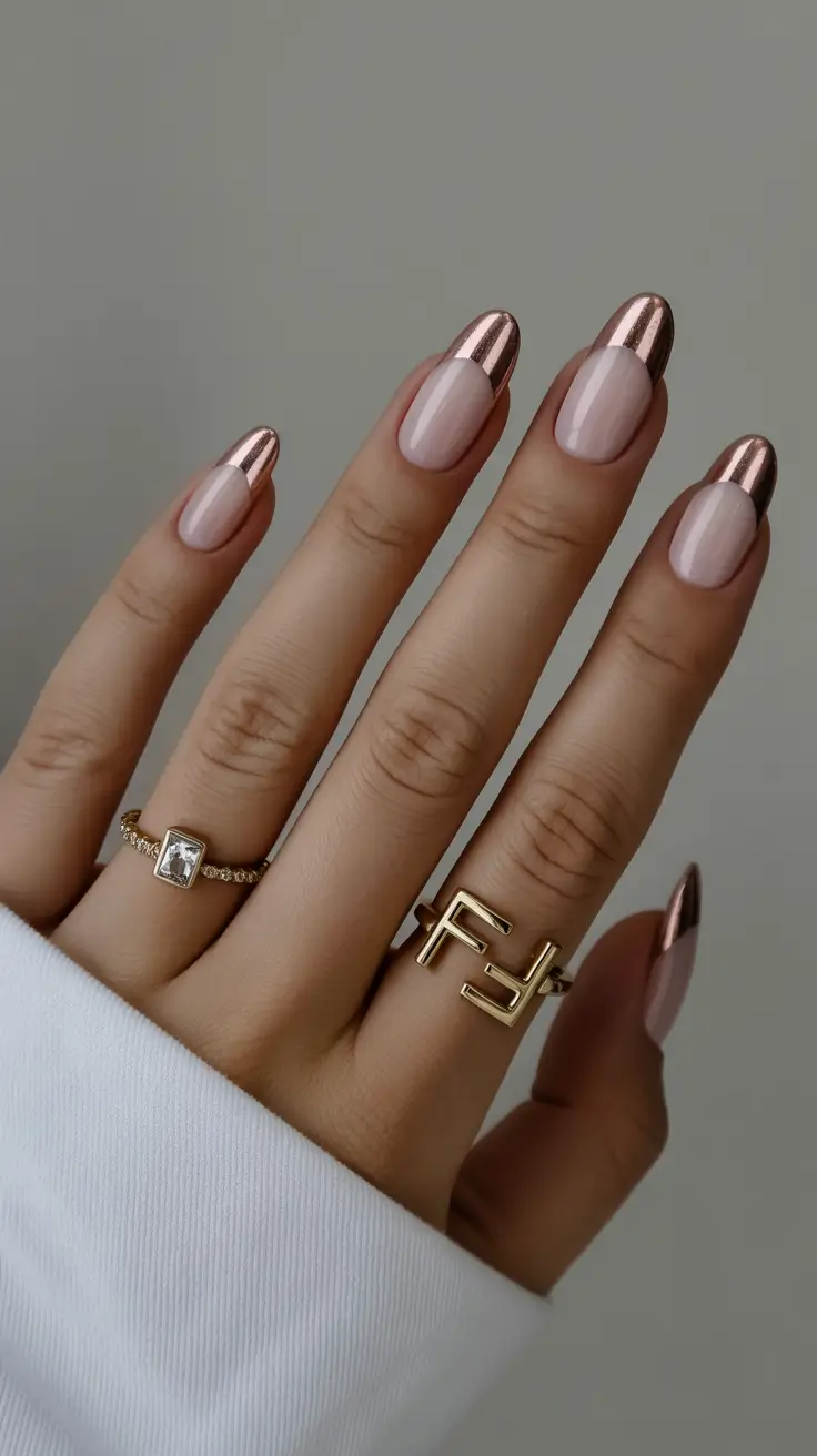 2025 Fall Chrome Nails Rose Gold French Twist