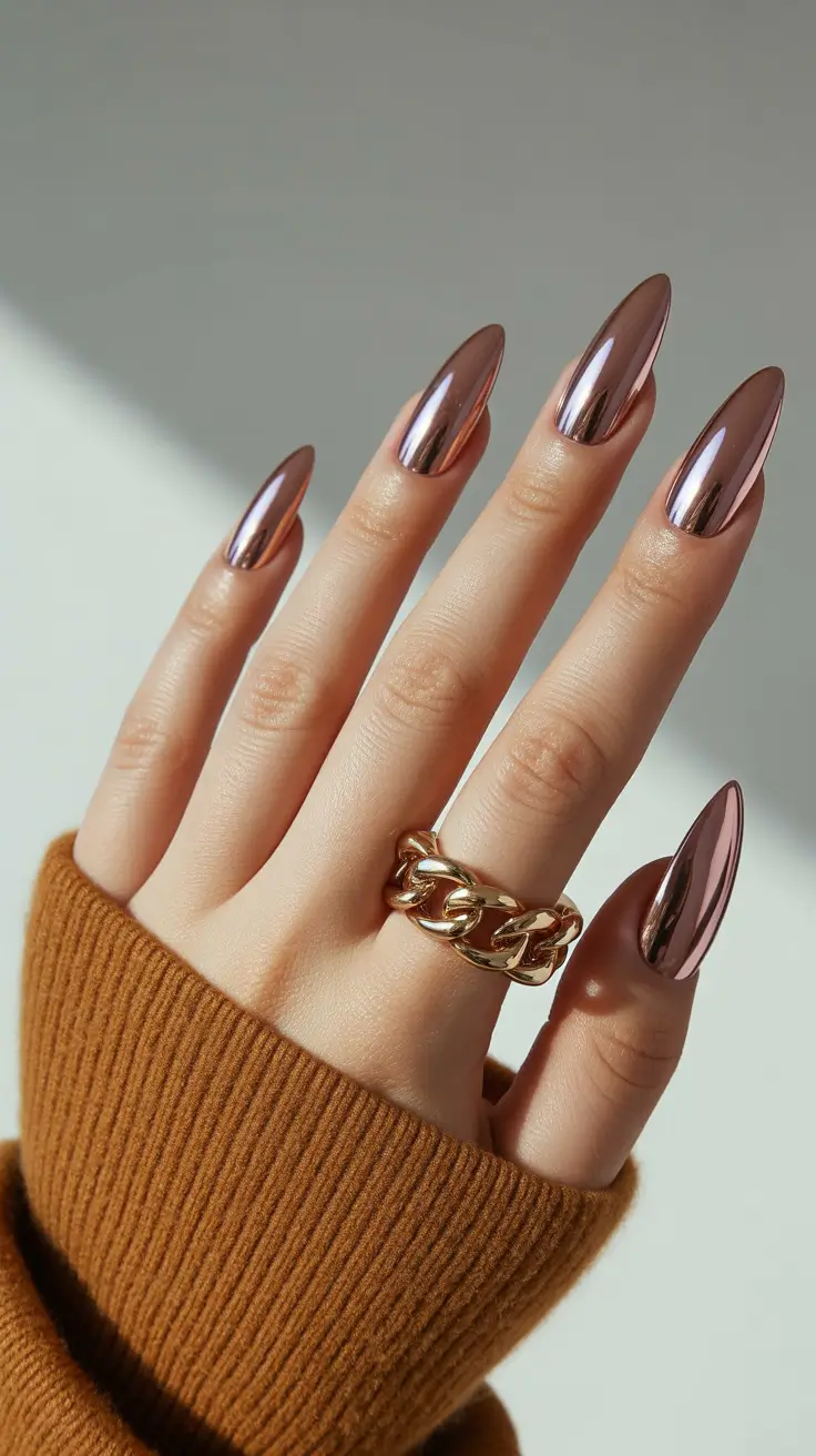 2025 Fall Chrome Nails Rosewood Metallic Almond