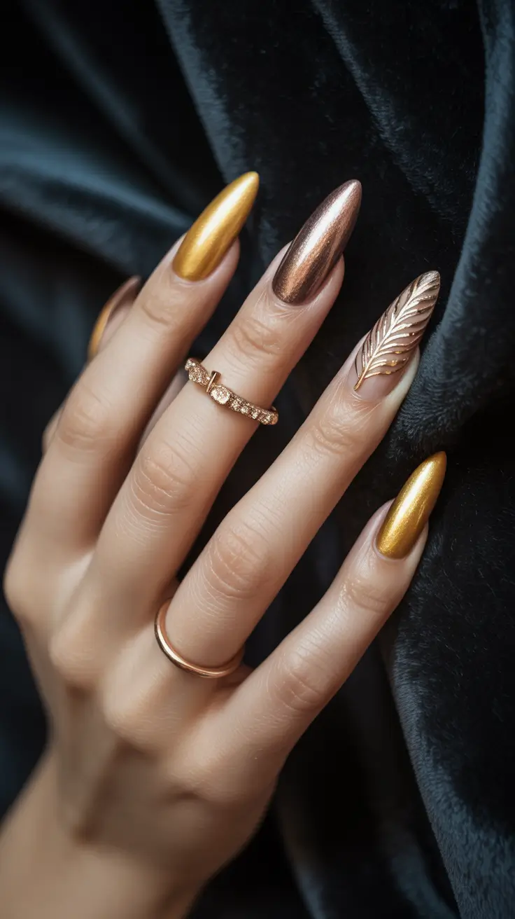 2025 Fall Chrome Nails Golden Leaf Accent