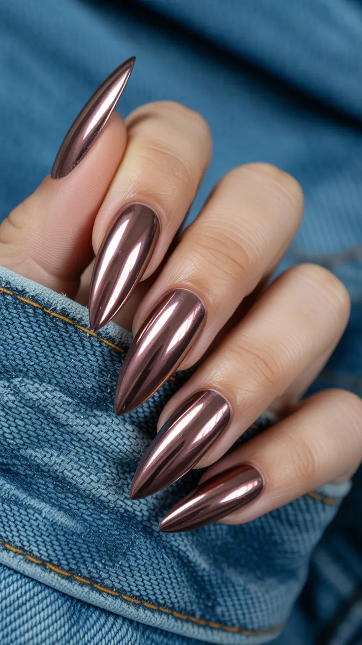 2025 Fall Chrome Nails Mocha Metallic Stiletto