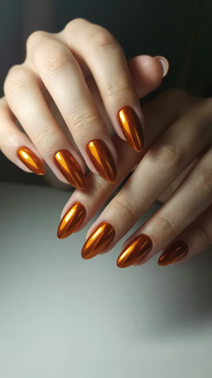 2025 Fall Chrome Nails Copper Glow Almond