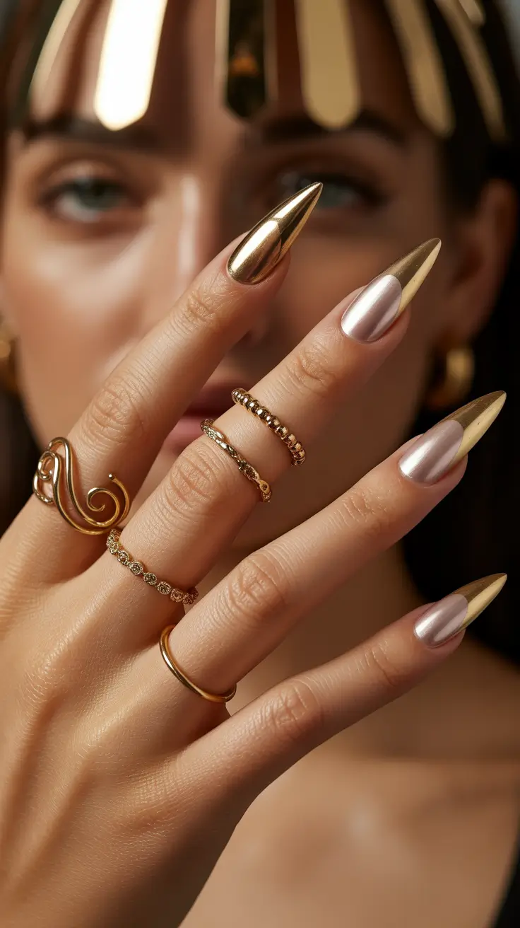 2025 Fall Chrome Nails Golden Edge Sophistication