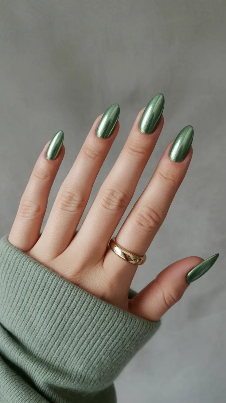 2025 Fall Chrome Nails Emerald Chrome Allure