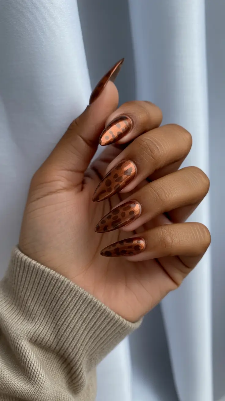 2025 Fall Chrome Nails Bronze Leopard Chrome