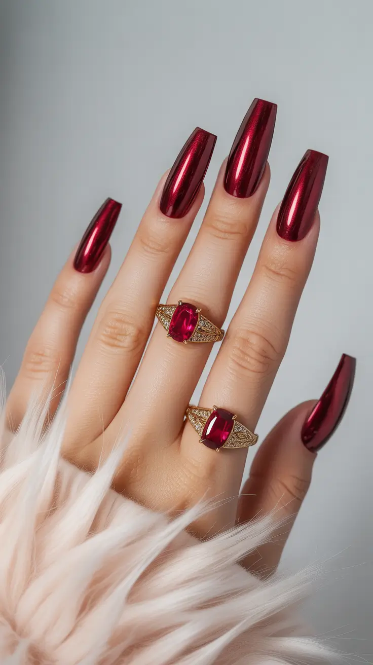 2025 Fall Chrome Nails Ruby Red Statement