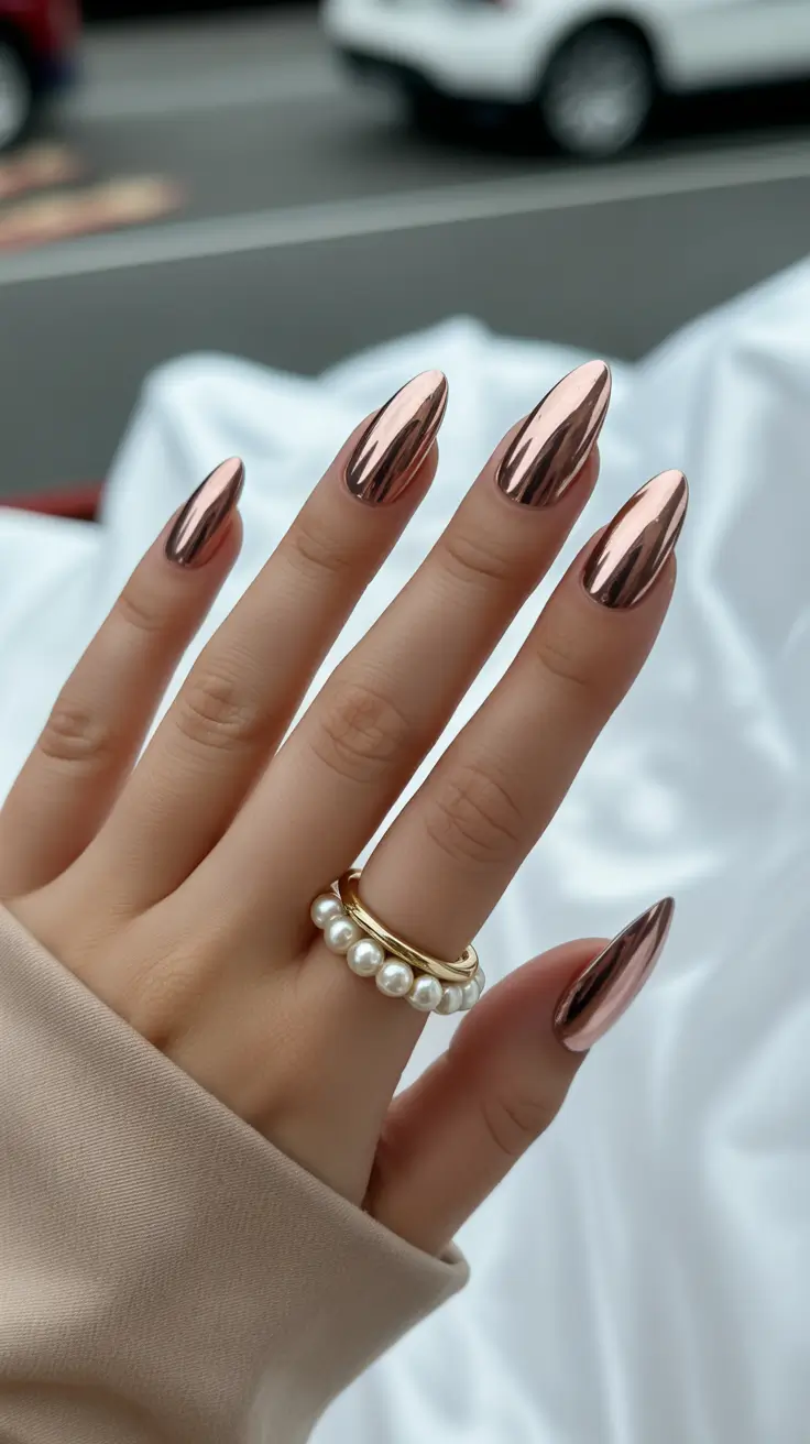 2025 Fall Chrome Nails Rose-Gold Chrome Chic