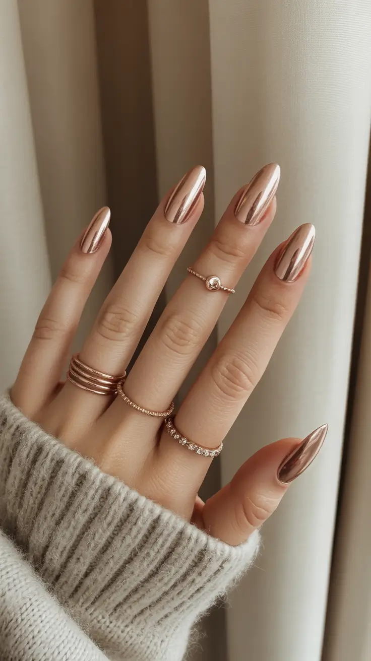 2025 Fall Chrome Nails Golden Neutral Mirror