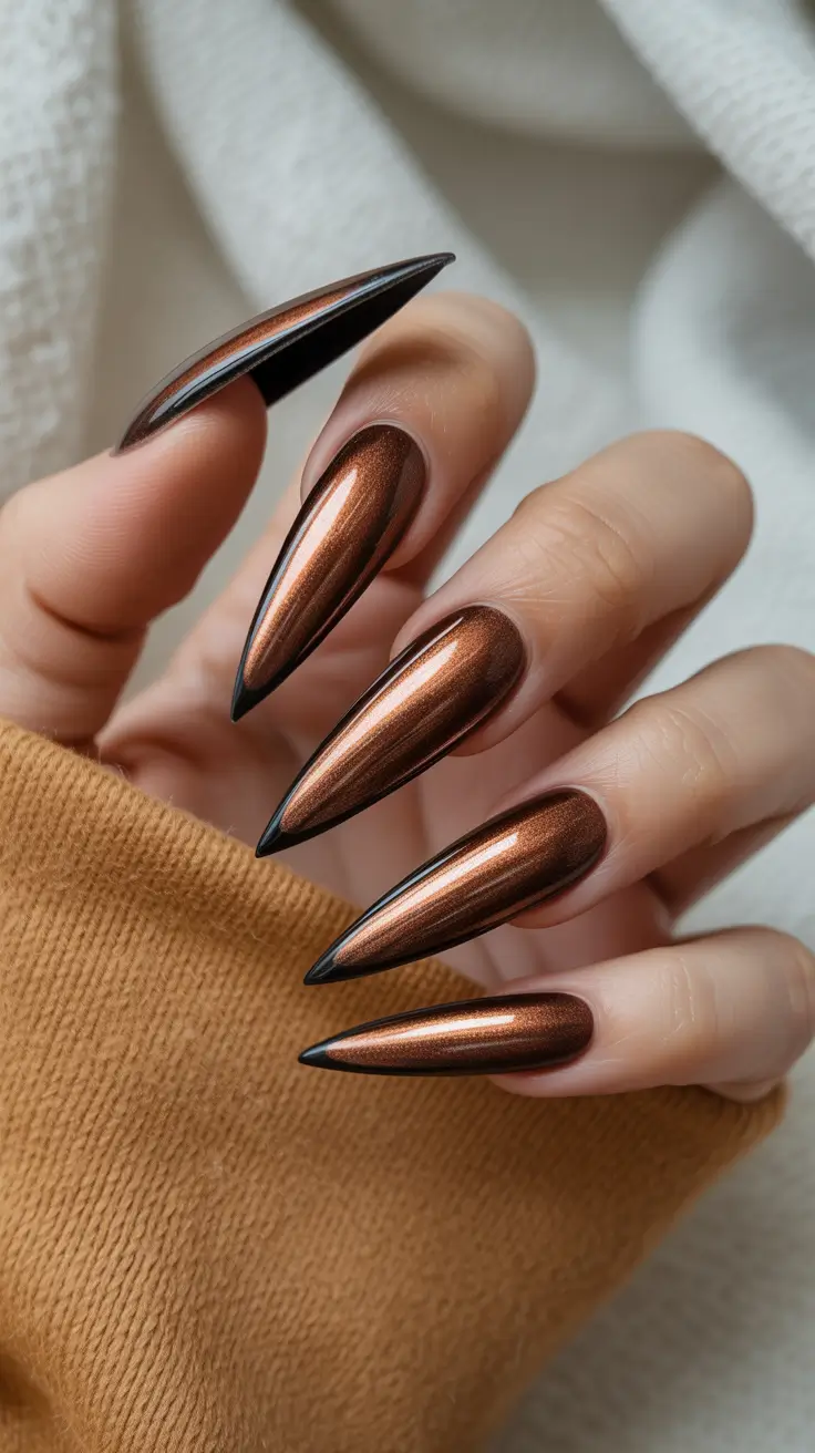 2025 Fall Chrome Nails Espresso Chrome Stiletto