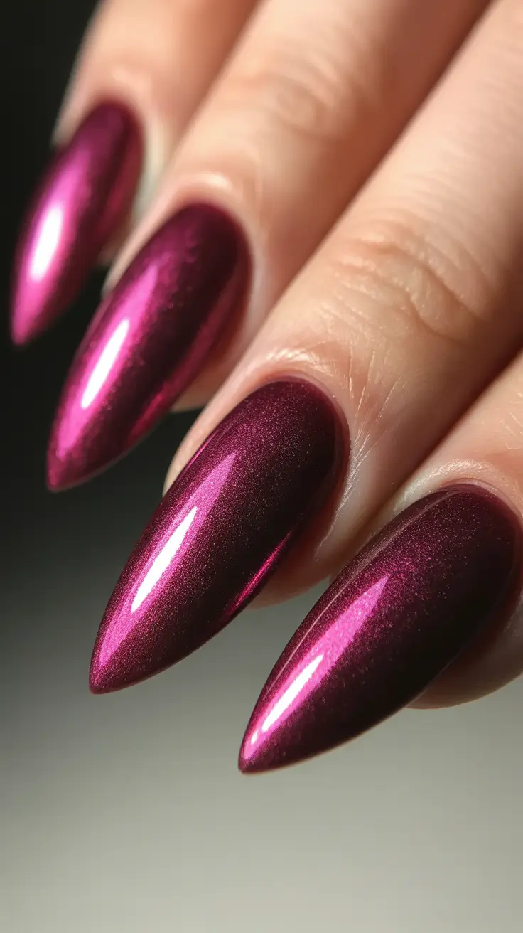 2025 Fall Chrome Nails Magenta Metallic Almond