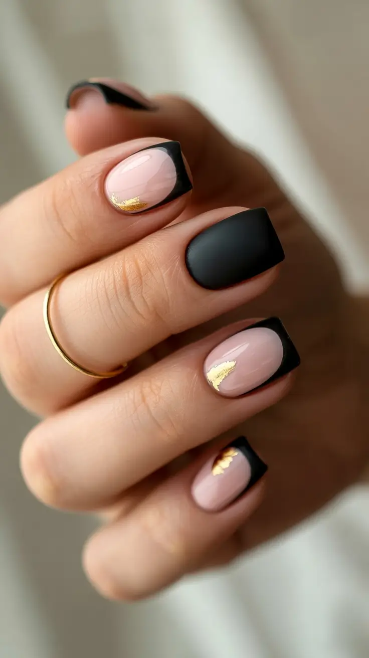 2025 Fall Matte Nails Matte Black French with Golden Accents